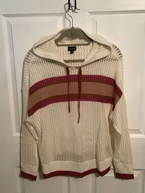 torrid Cream Hooded Open-Knit Sweater with Pink and Tan Stripes